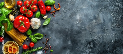 Ingredients for cooking Italian food include pasta, vegetables, and spices, displayed from a top perspective with space for text.