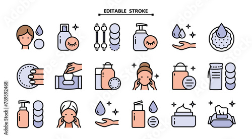 Makeup removal and skin care icons set. Editable stroke. Simple flat style. Face, beauty, health, woman, healthy, mask, clean, girl, cleansing concept. Aesthetic cosmetology line icons collection.