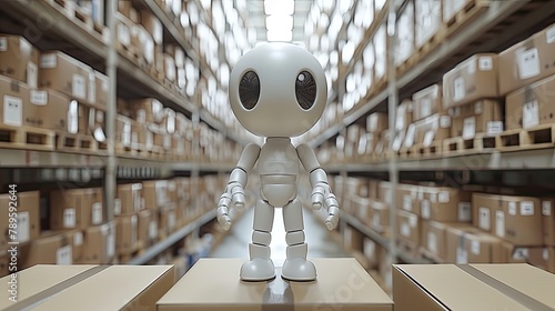 A robot is standing on top of a stack of cardboard boxes in a warehouse