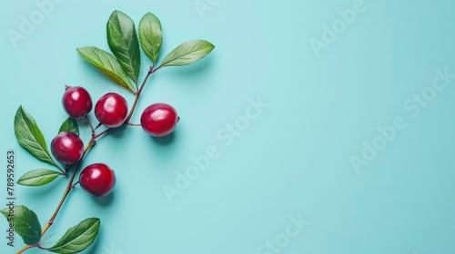 Red berries with green leaves on a blue background. The berries are ripe and juicy, and the leaves are fresh and green.
