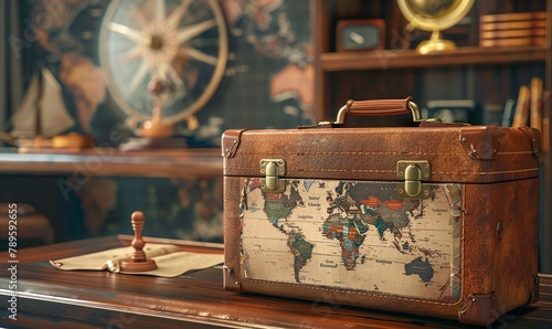 Incorporate a detailed vintage suitcase with travel stickers, a retro wooden world map, and a compass on a mahogany desk Ideal for traditional oil painting photo
