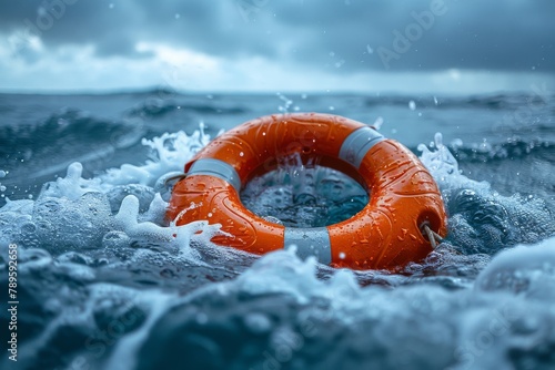 A vivid image of a life-saving orange lifebuoy floating amidst choppy ocean waves, exemplifying safety and urgency