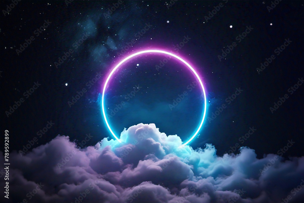 Abstract Neon Blue and Pink Purple Ring In the Night Sky Glowing Light Reflecting off the Clouds Graphic Design Resource