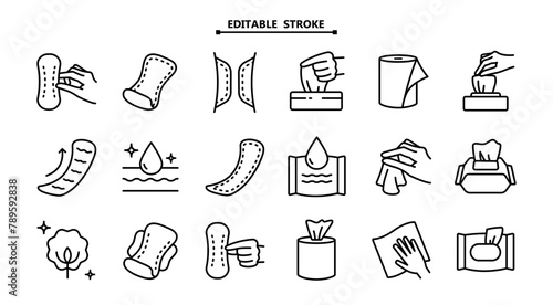 Feminine hygiene pad outline icons set. Hygiene sanitary napkin product symbol isolated on white background. Modern simple vector icon for website or mobile app.