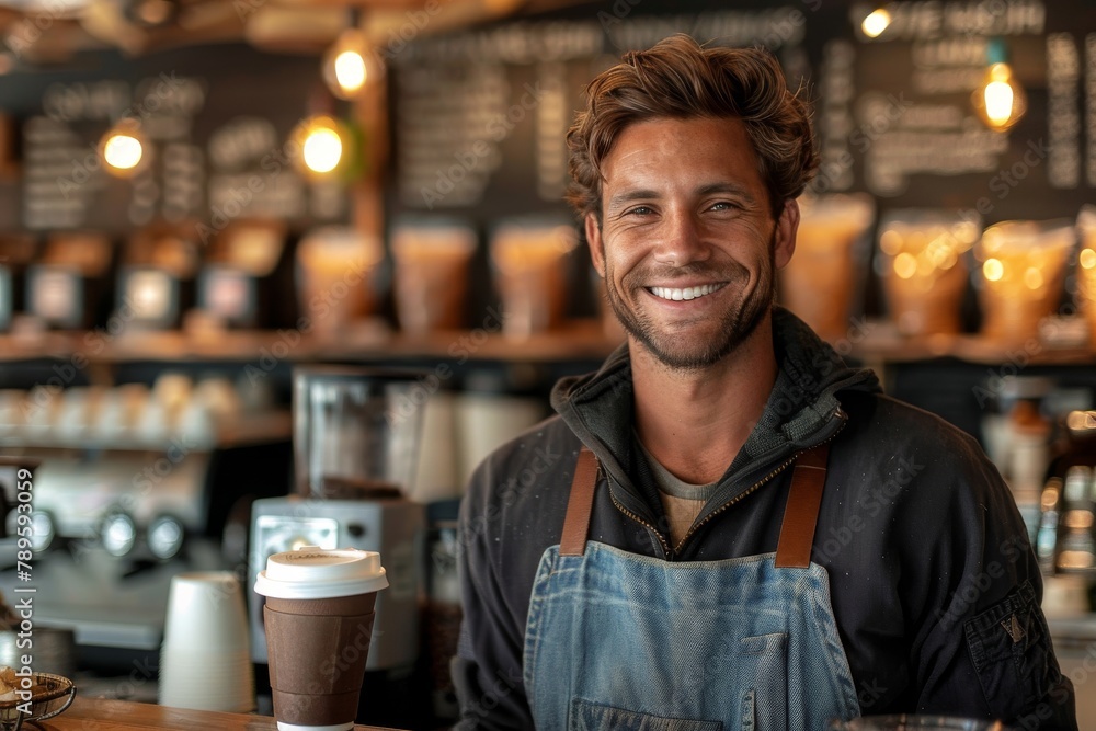 A handsome barista in an apron poses with a coffee cup, displaying a warm, inviting smile behind the store counter