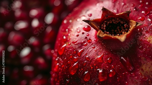 A beautiful close-up image of a red pomegranate with water droplets on its skin. photo