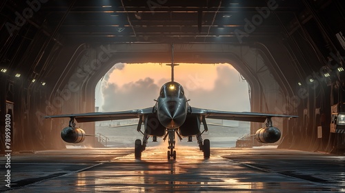 military jet plane air force ready in hangar with heat mirage , Generative Ai photo