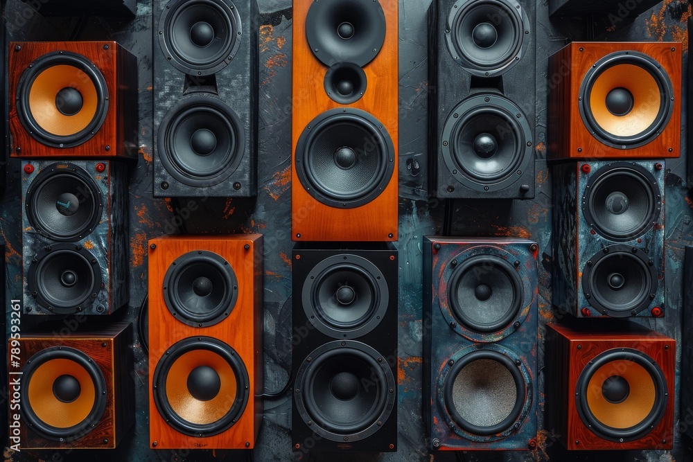 Top view of a diverse alignment of modern and vintage speakers, showcasing the evolution of sound technology Top view of a diverse alignment of modern and vintage speakers, showcasing the evolution of sound technology