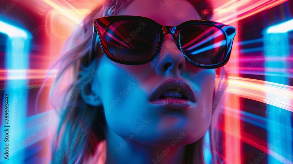 young woman fashion portrait with neon sunglasses, motion blur