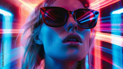 young woman fashion portrait with neon sunglasses  motion blur