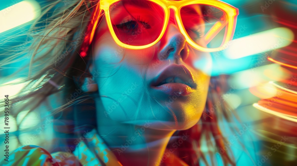 young woman fashion portrait with neon sunglasses, motion blur
