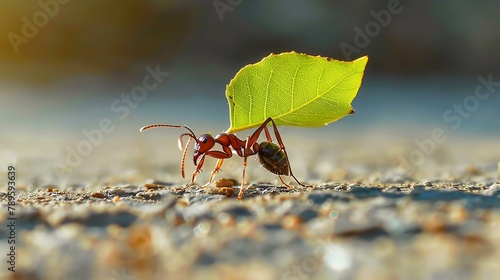 Leafcutter ant carrying a large green leaf. It is a small, reddish-brown ant with long, slender legs.