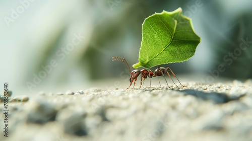 Leafcutter ant carrying a large green leaf through a rocky landscape. The ant is in the foreground and in focus, while the background is blurred. © stocker