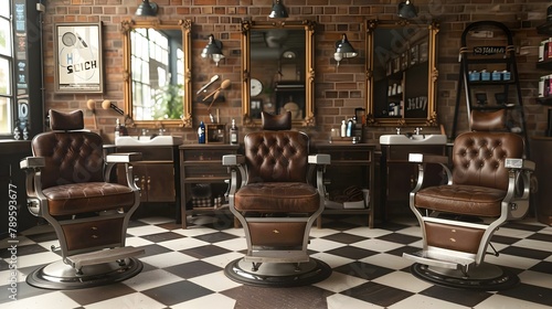 Classic Barbershop Elegance with Time-Honored Tools and Chic Design. Concept Barbershop's History, Vintage Tools, Elegant Ambiance, Chic Design © Ян Заболотний