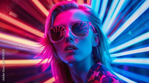 young woman fashion portrait with neon sunglasses, motion blur