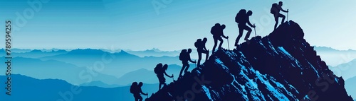 A team climbing a mountain together, each phase of ascent representing overcoming business challenges en route to the summit of success