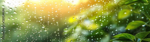 Viewing a garden through a rainy window, admiring droplets on the glass and the blurred greenery photo
