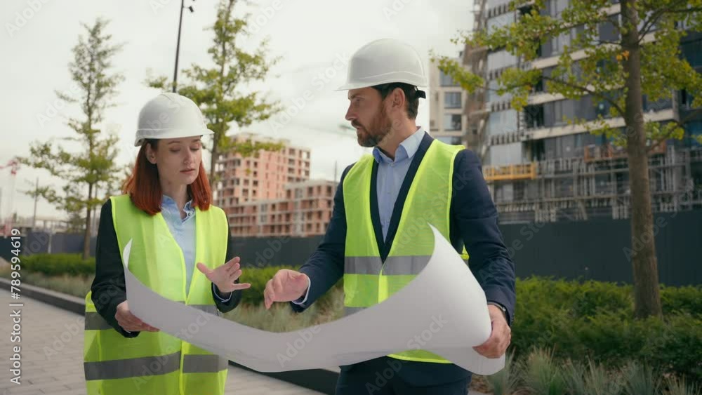 Two contractors civil engineers discuss electrical maintenance blueprint paper partnership discuss teamwork city buildings project construction builders woman man architects plan urban development