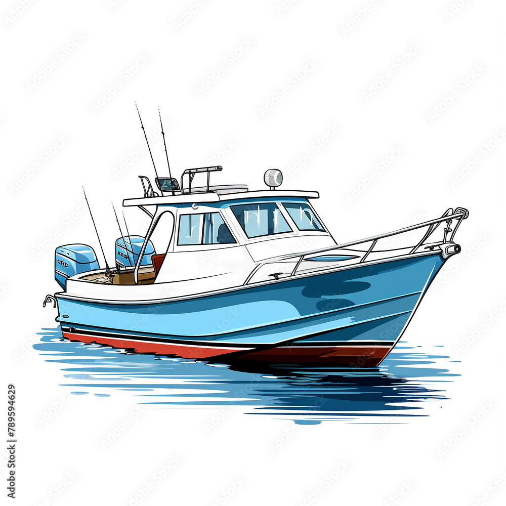 Fototapeta premium Basic vector fishing boat, rear view, vibrant colors, white setting hand drawing