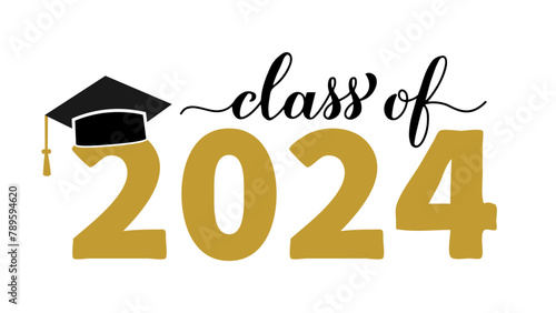 Class of 2024 lettering with graduation hat isolated on white. Congratulations to graduates typography poster. Vector template for greeting card, sticker, banner, label, shirt, etc