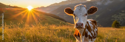 Banner with cow on the background of nature and sunset. Realistic photo for cover, postcard, advertising. Cow gives milk. Concept of nature and healthy nutrition. 