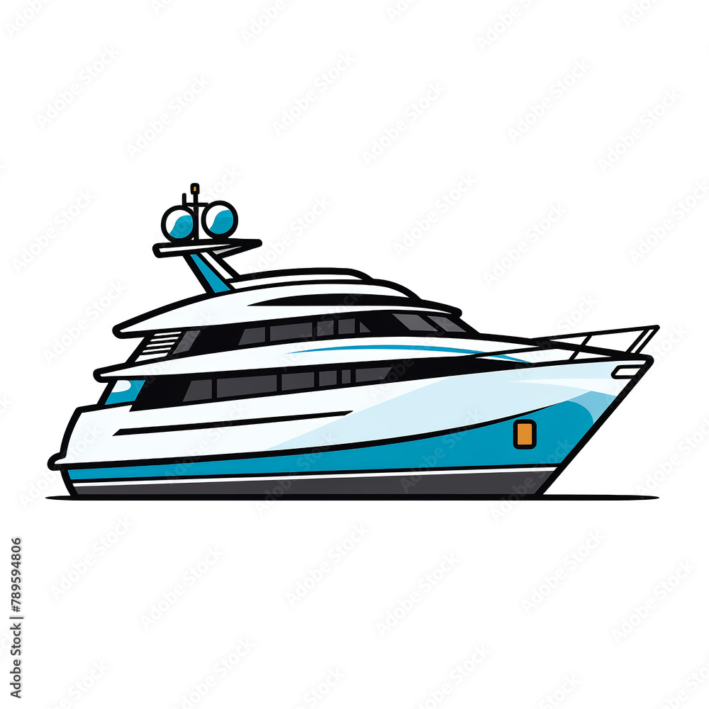 Flat design yacht vector, profile side, bold colors, white canvas black monoline