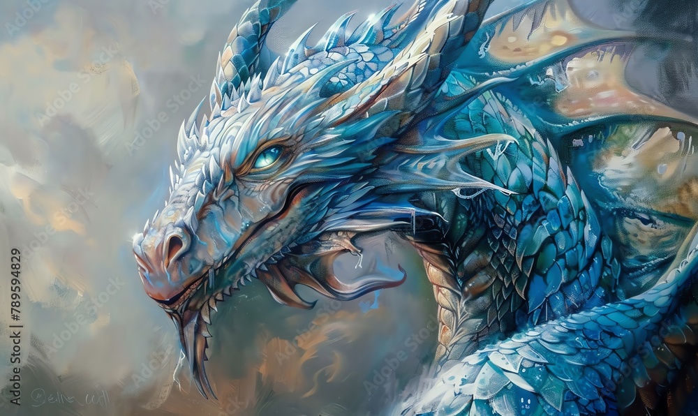 Produce a captivating oil painting featuring a majestic dragon in a frontal view with iridescent metallic scales gleaming under the sun Produce a captivating oil painting featuring a majestic dragon in a frontal view with iridescent metallic scales gleaming under the sun