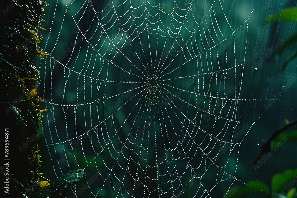 Raindrops on a spider web in a forest, highlighting the delicate balance of nature and the beauty of rain in a woodland setting Raindrops on a spider web in a forest, highlighting the delicate balance of nature and the beauty of rain in a woodland setting