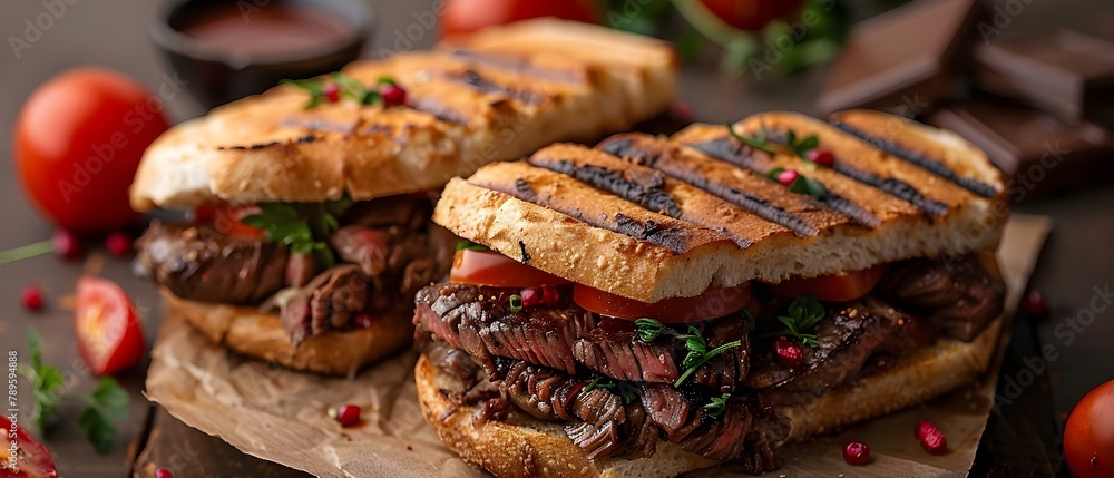 Grilled Steak Sandwiches with Artisanal Treats. Concept Grilling Techniques, Steak Sandwich Recipes, Artisanal Snacks, What to Pair with Steak, Top Tips for Grilling Grilled Steak Sandwiches with Artisanal Treats. Concept Grilling Techniques, Steak Sandwich Recipes, Artisanal Snacks, What to Pair with Steak, Top Tips for Grilling