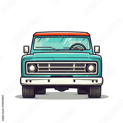 Flat vector pickup truck, frontal view, vibrant block colors hand drawing photo