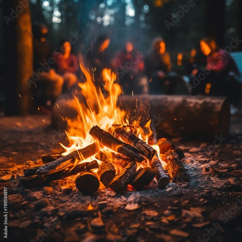 Closeup of a campfire in the forest at dusk, vibrant flames with a group of friends blurred in the background, ideal for outdoor adventure themes