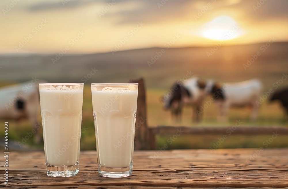 Banner with cow on the background of nature and sunset. Realistic photo for cover, postcard, advertising. Two glasses with steamed milk. Cow giving milk. Concept of nature and healthy eating. Banner with cow on the background of nature and sunset. Realistic photo for cover, postcard, advertising. Two glasses with steamed milk. Cow giving milk. Concept of nature and healthy eating.
