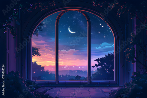 An illustration of an amazing architectural window with a night and crescent view, perfect for calming atmosphere.
