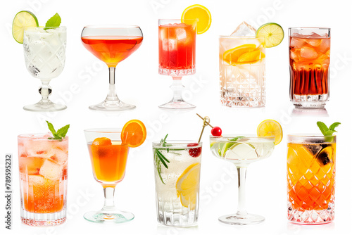 Set and collection of non-alcohol cocktails or mocktail isolated on white background with fresh summer fruits