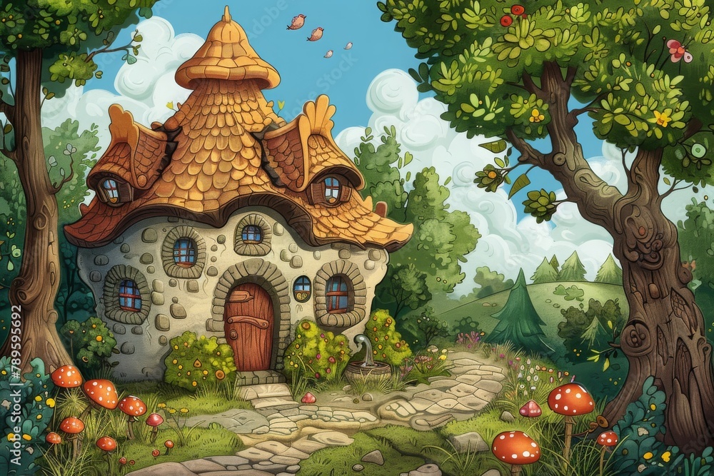 Quirky stone fairy house with a whimsical thatched roof, set in a storybook forest, perfect for a children's tale