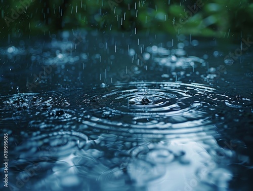 A tranquil sight, heavy rain on a lake forms mesmerizing water circles and ripples, a serene natural scene photo