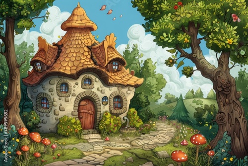 Quirky stone fairy house with a whimsical thatched roof, set in a storybook forest, perfect for a children's tale