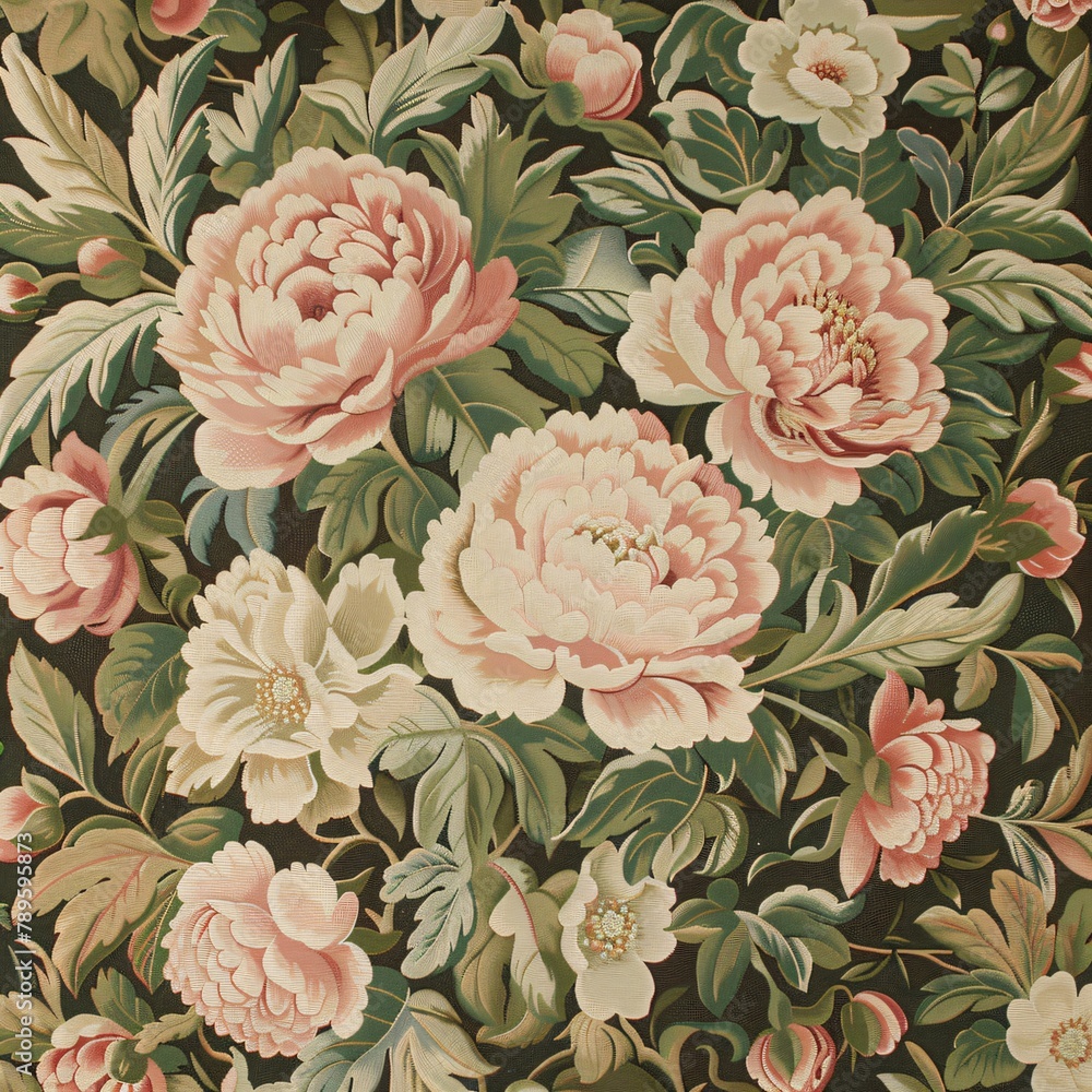 Elegant tapestry design of blooming peonies surrounded by lush greenery Elegant tapestry design of blooming peonies surrounded by lush greenery