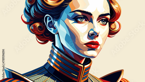 attractive 25 yo slim lady with bold makeup wearing a painful antique ornate wrought iron tight posture collar flared under chin. side view. white background