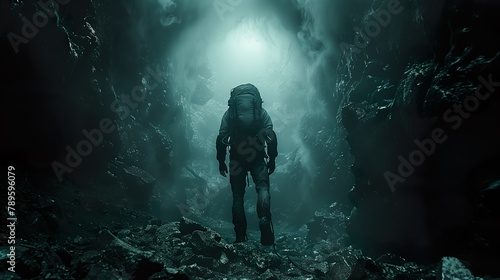 the diver is standing in a deep underwater cave with fogy blue light