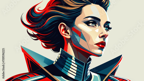 attractive 25 yo slim lady with bold makeup wearing a painful antique ornate wrought iron tight posture collar flared under chin. side view. white background