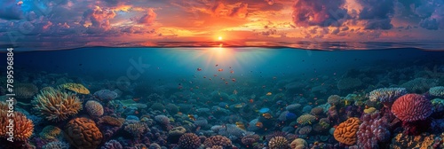 Dazzling coral reef panorama: tropical split view
