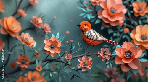happy cheerful springtime nature landscape flower blossoming with bird, paper cut craft sculpture artistic background illustration, Generative Ai