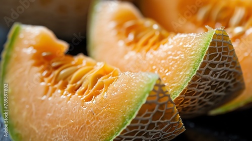   Cantaloupe melon slices with water drops on black background. Close up.