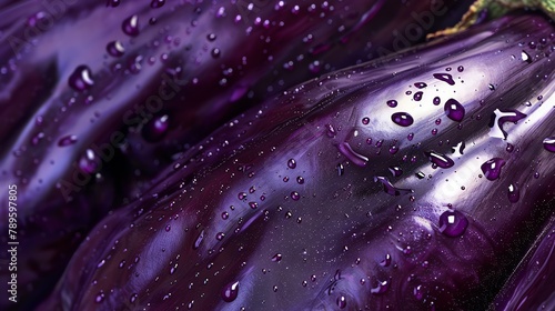 Close-up of a purple eggplant with water drops on its skin. The eggplant is slightly wrinkled and has a glossy sheen. photo