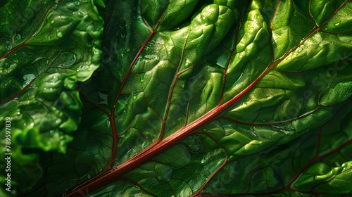 Close-up of a green leaf with red veins. The leaf is wet and has water droplets on it. The leaf is backlit and the veins are very visible. photo