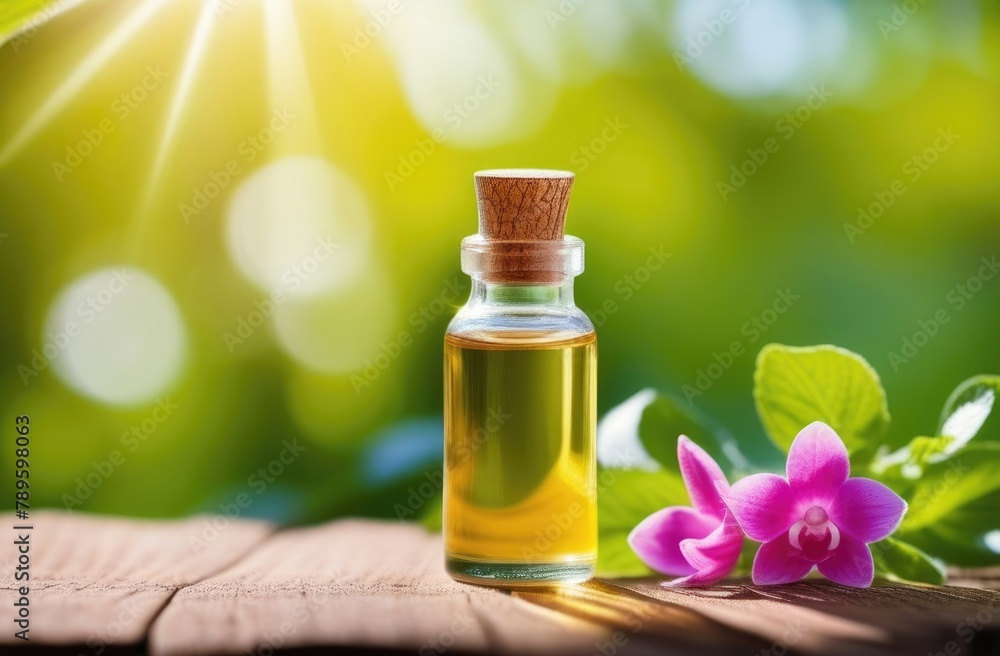 a small transparent glass bottle of verbena oil on a wooden table, fresh purple flowers, eco-friendly medicinal solution, natural green background, sunny day a small transparent glass bottle of verbena oil on a wooden table, fresh purple flowers, eco-friendly medicinal solution, natural green background, sunny day