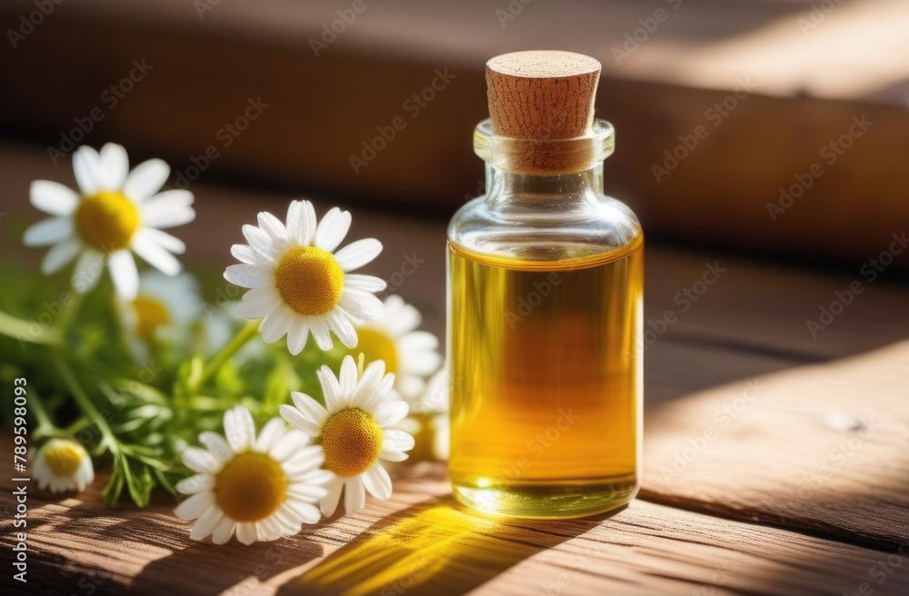 a small transparent glass bottle of chamomile oil on a wooden table, a bouquet of fresh white chamomile flowers, eco-friendly medicinal solution, natural background, sunny day a small transparent glass bottle of chamomile oil on a wooden table, a bouquet of fresh white chamomile flowers, eco-friendly medicinal solution, natural background, sunny day
