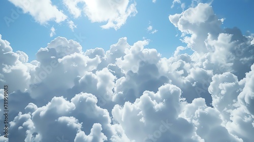 Amazing beautiful white fluffy cloudscape with a bright blue sky and sunlight shining through the clouds. photo