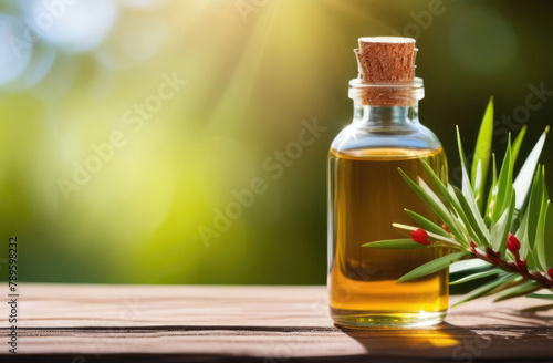 small glass bottle of Melaleuca Tea tree oil on a wooden table, fresh green tea tree branch, tea leaves, eco-friendly medicinal solution, natural background, copy space, sunny day